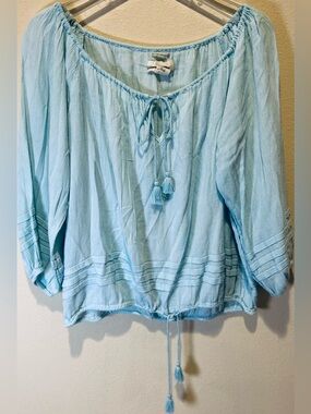 Denim & Supply Ralph Lauren Aqua Blue Gauze Boho Tassel Peasant Blouse Womens S